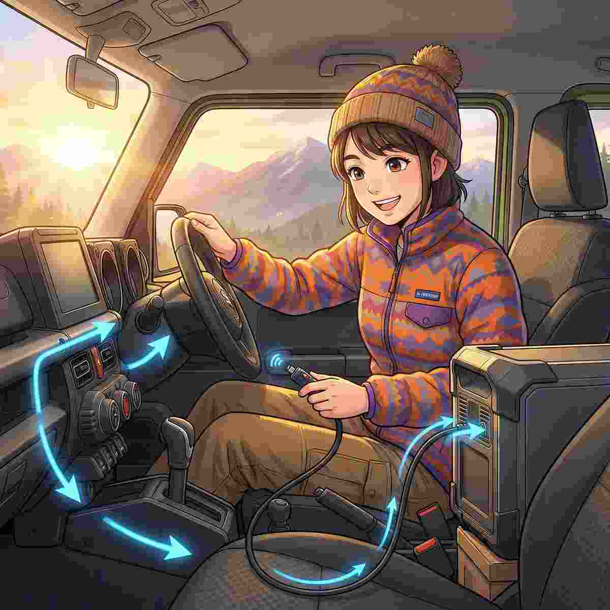 ジムニー車内でシガーソケットからポータブル電源へ走行充電する仕組みを示すキャンパー女性
