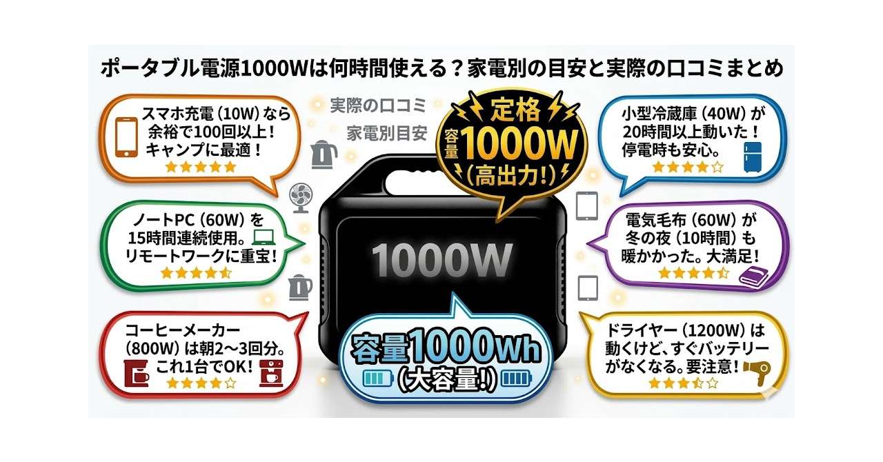 、白い背景にポータブル電源のシルエット1000Wが中央に描いてありその周りに口コミの吹き出し6つ。それ以外の二つの吹き出しは1000wと強調して書いてあるものと1000whと強調して書いてあるものが目立つ