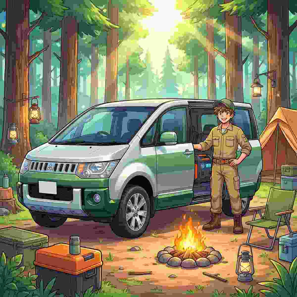 デリカD5のスライドドア前でポータブル電源を紹介するジンデンのイラスト