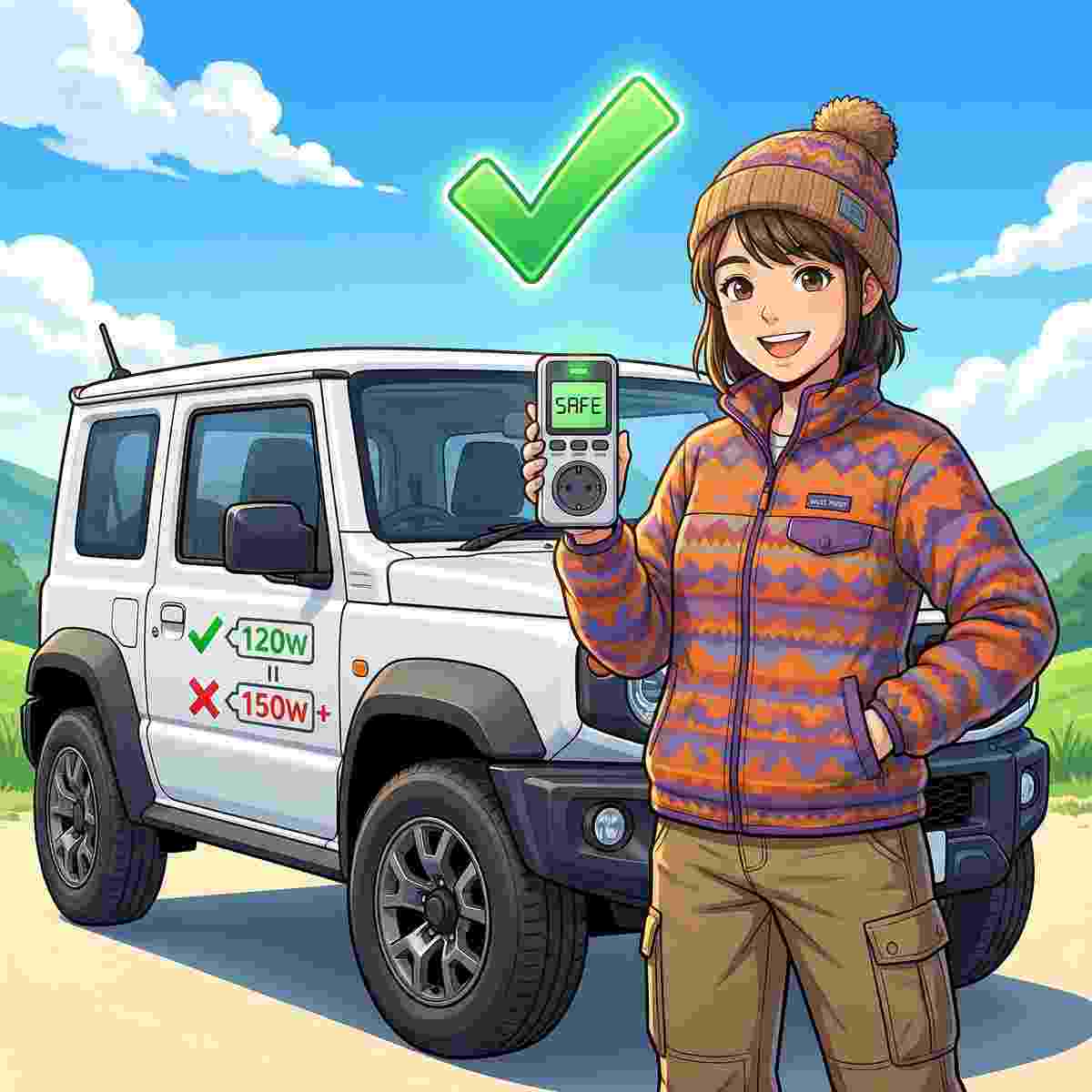 ジムニーJB64の前でワットメーターを持ち120W制限の安全基準を説明するキャンパー女性