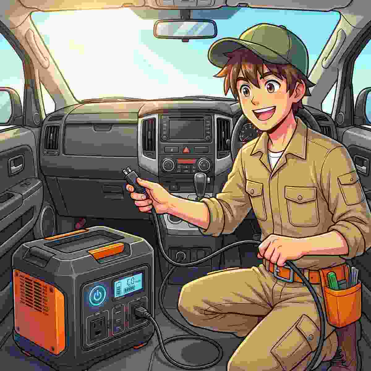 デリカD5の車内でシガーソケットにDCケーブルを接続するジンデンのイラスト