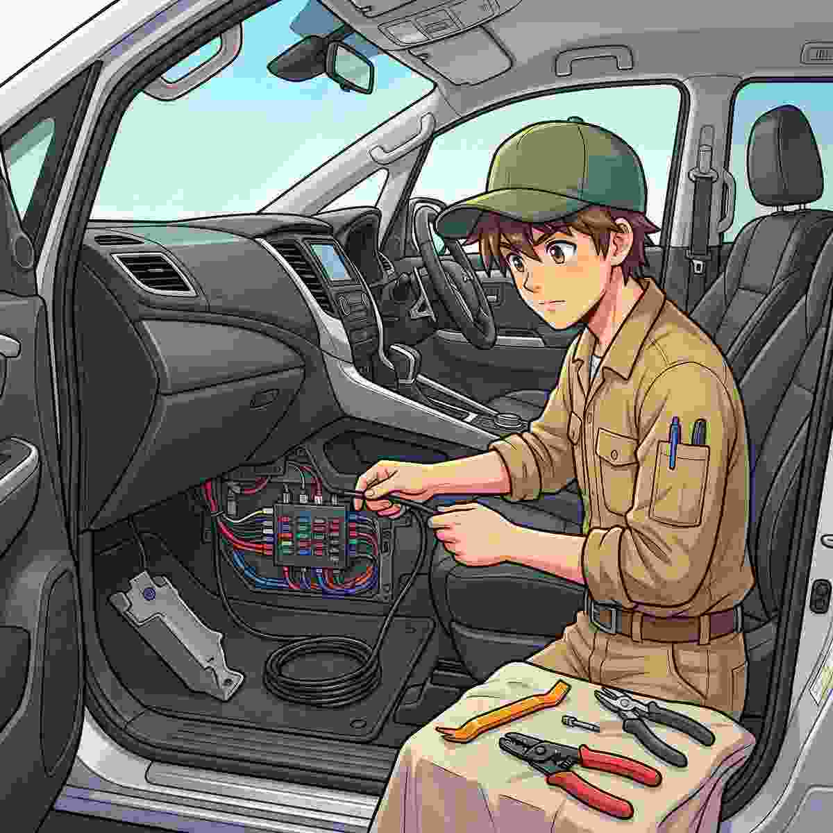 デリカD5のヒューズボックスから配線を取り出す作業をするジンデンのイラスト
