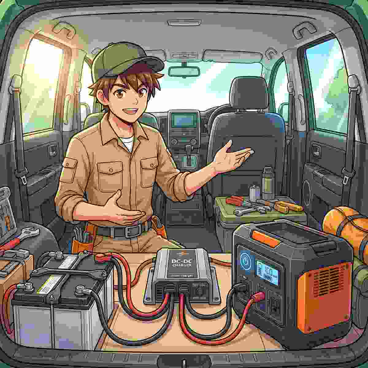 デリカD5の荷室でDC-DCチャージャーとポータブル電源の接続を説明するジンデンのイラスト