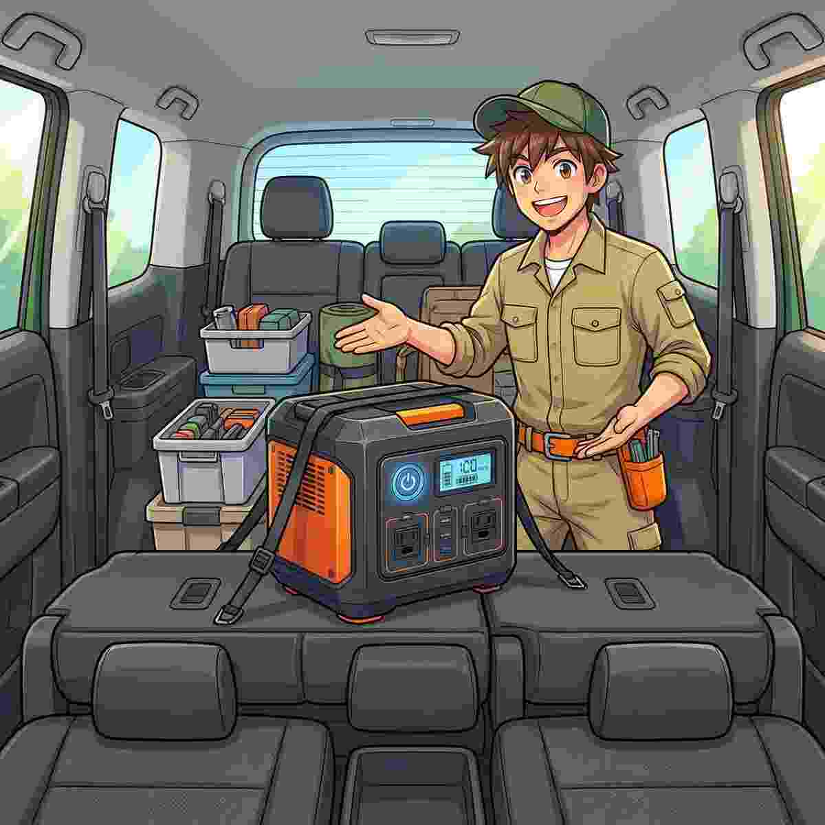 デリカD5のフラットな荷室にポータブル電源を固定したレイアウトを案内するジンデンのイラスト