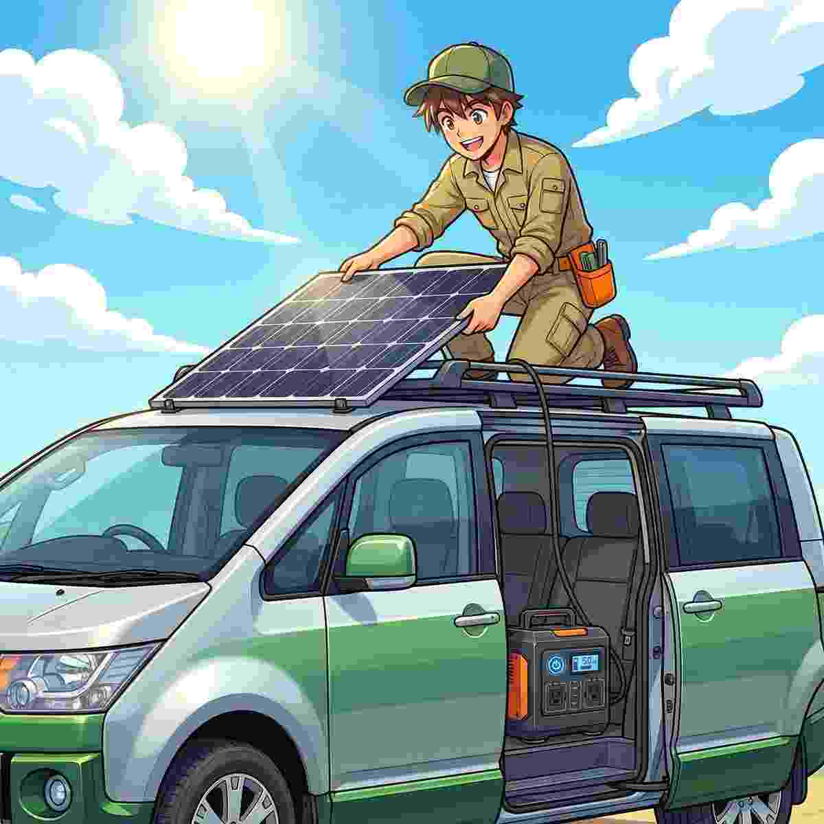 デリカD5のルーフキャリアにソーラーパネルを設置するジンデンのイラスト