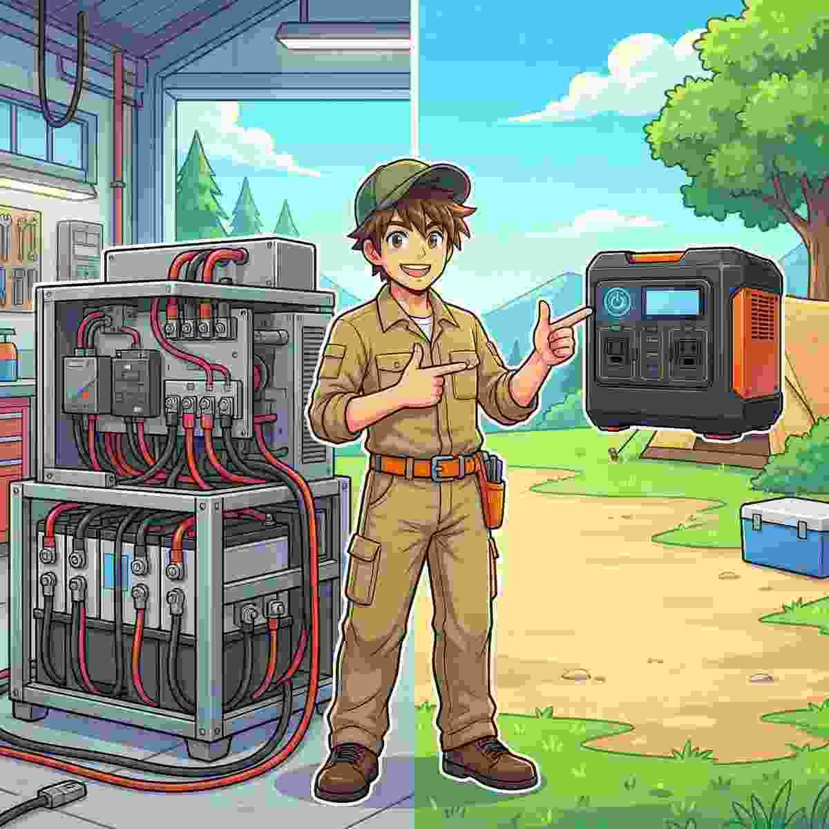 サブバッテリーシステムとポータブル電源を比較してポータブル電源を推薦するジンデンのイラスト