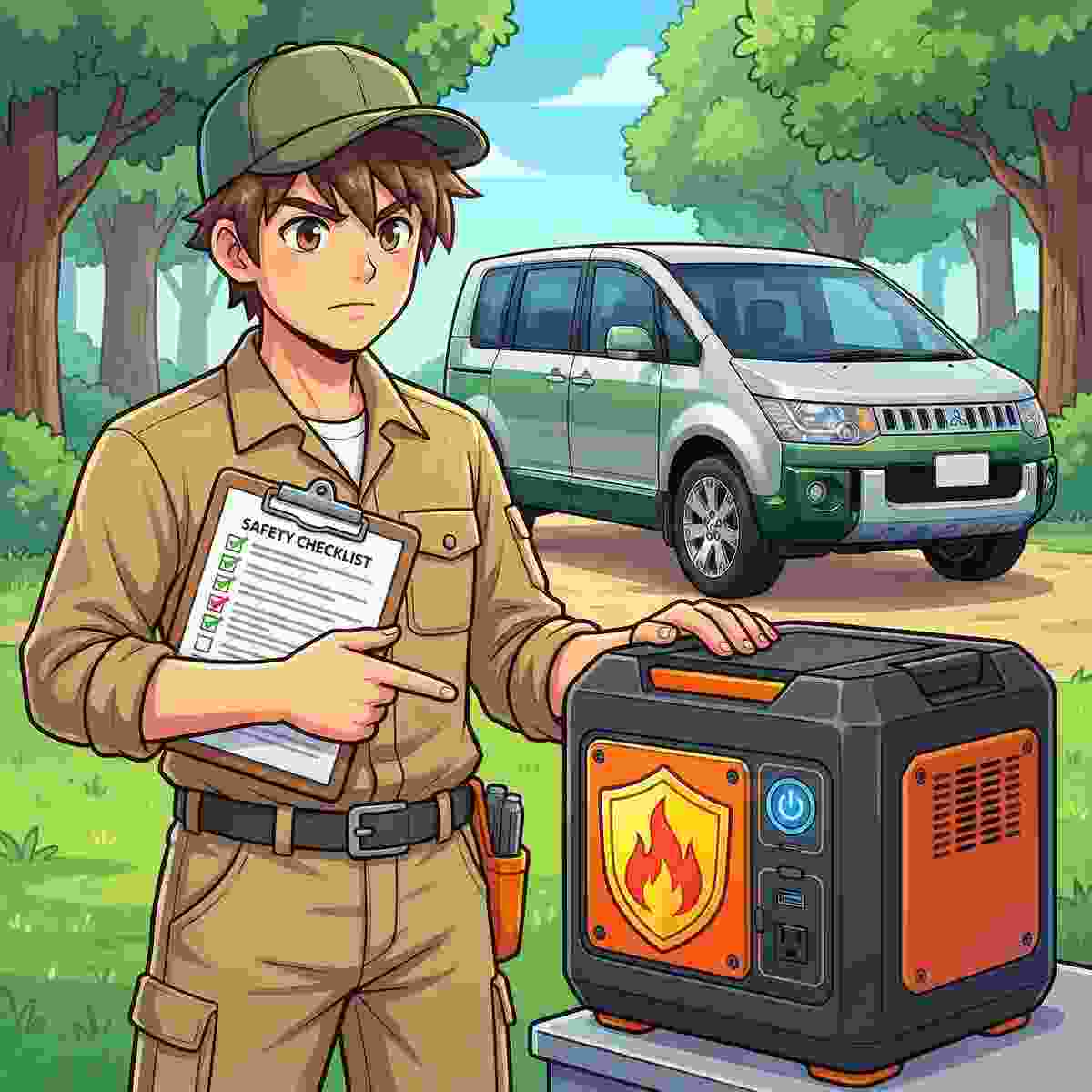 デリカD5の前でポータブル電源の安全チェックリストを確認するジンデンのイラスト
