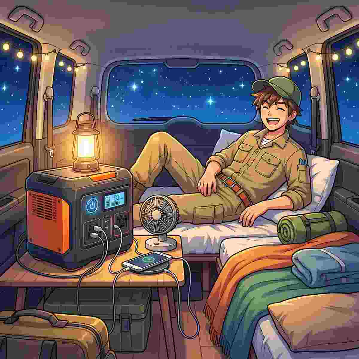 デリカD5の車内でポータブル電源を使って快適に車中泊するジンデンのイラスト