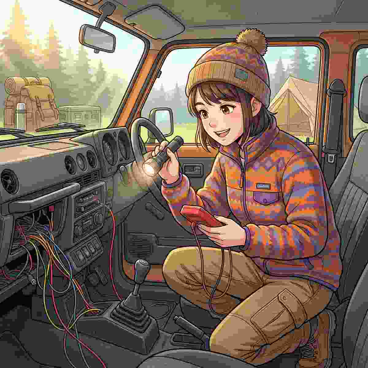 | 旧型ジムニーJA11の車内でマルチメーターと懐中電灯を使い配線をチェックするキャンパー女性