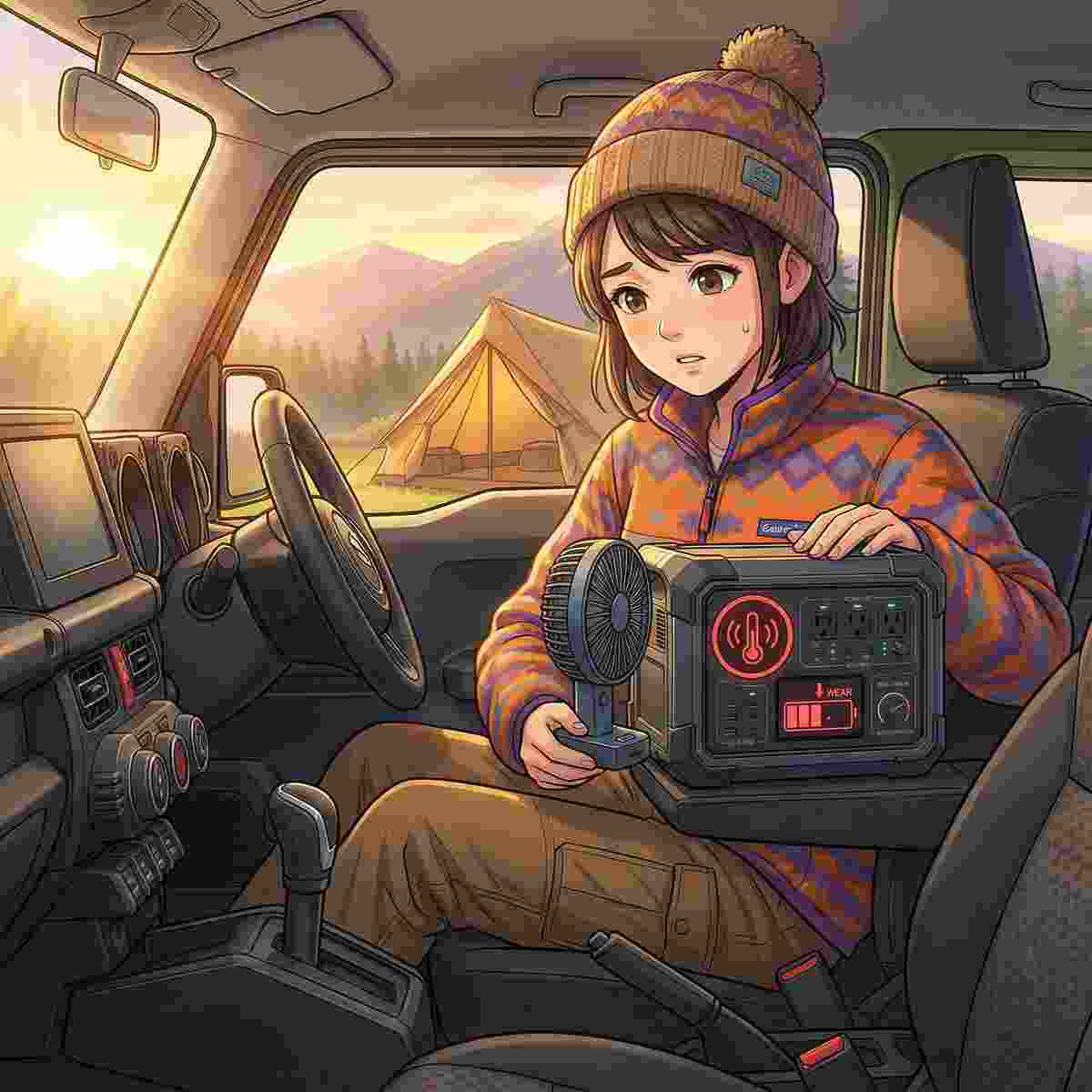  ジムニー車内でパススルー充電中のポータブル電源の発熱を冷却ファンで管理するキャンパー女性 