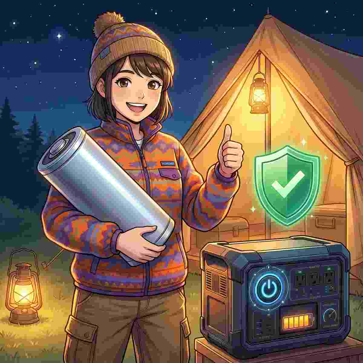 キャンプサイトでリン酸鉄リチウムイオン電池セルを持ちポータブル電源の安全性をアピールするキャンパー女性