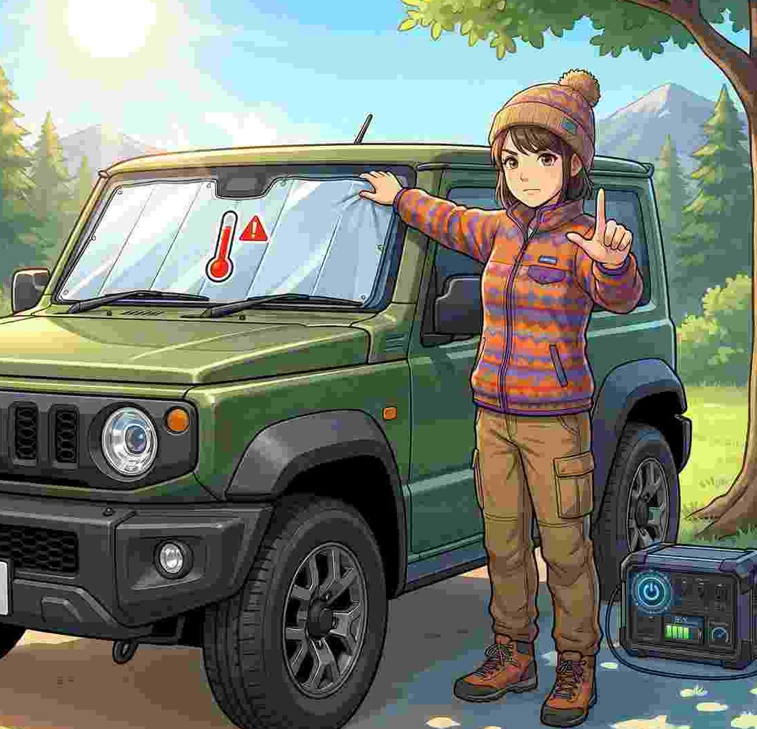 夏の炎天下でジムニーのフロントガラスにサンシェードを設置し車内温度上昇を防ぐキャンパー女性