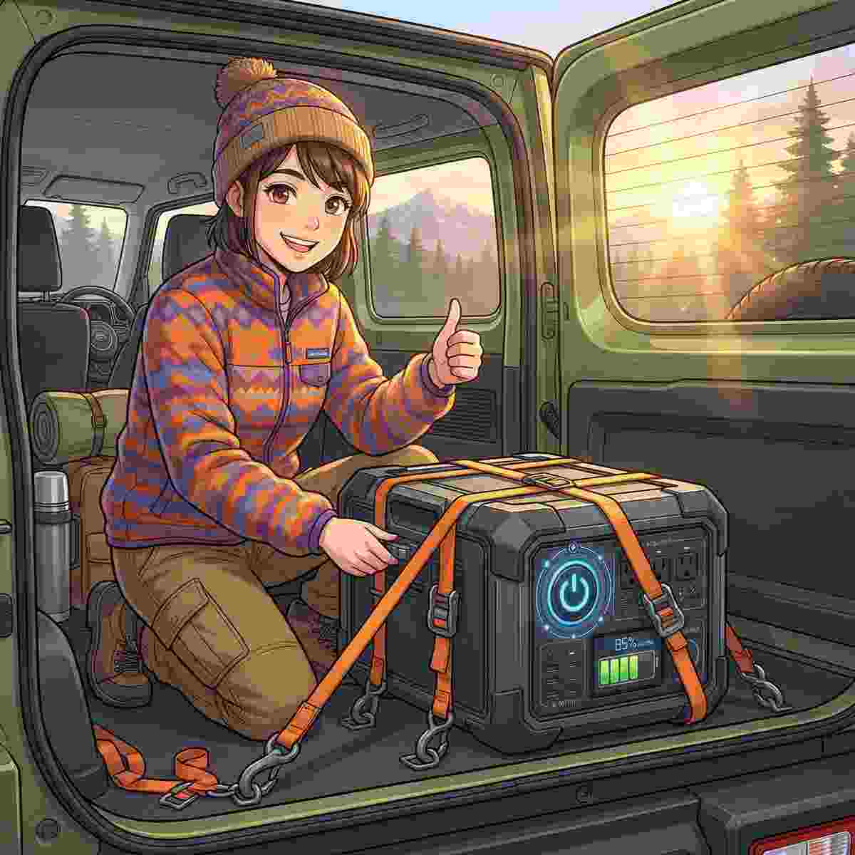 ジムニーの荷室フックとストラップで重量級ポータブル電源を固定するキャンパー女性
