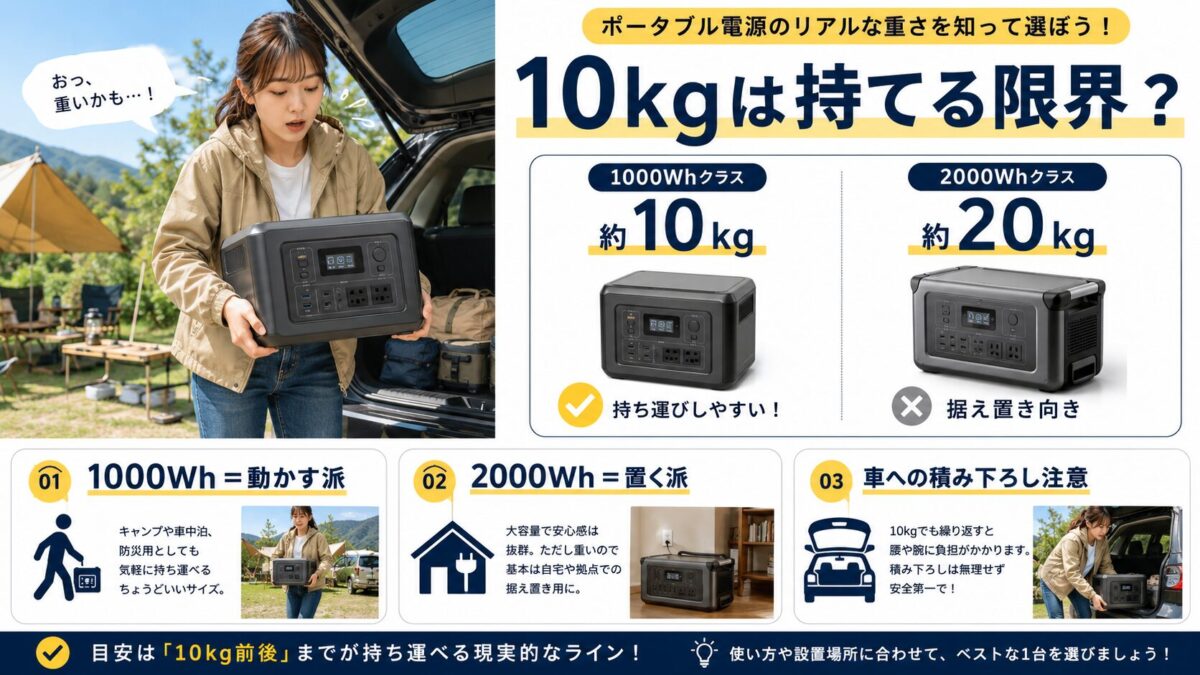 1000Whクラスのポータブル電源の重さと持ち運びやすさを比較した画像
