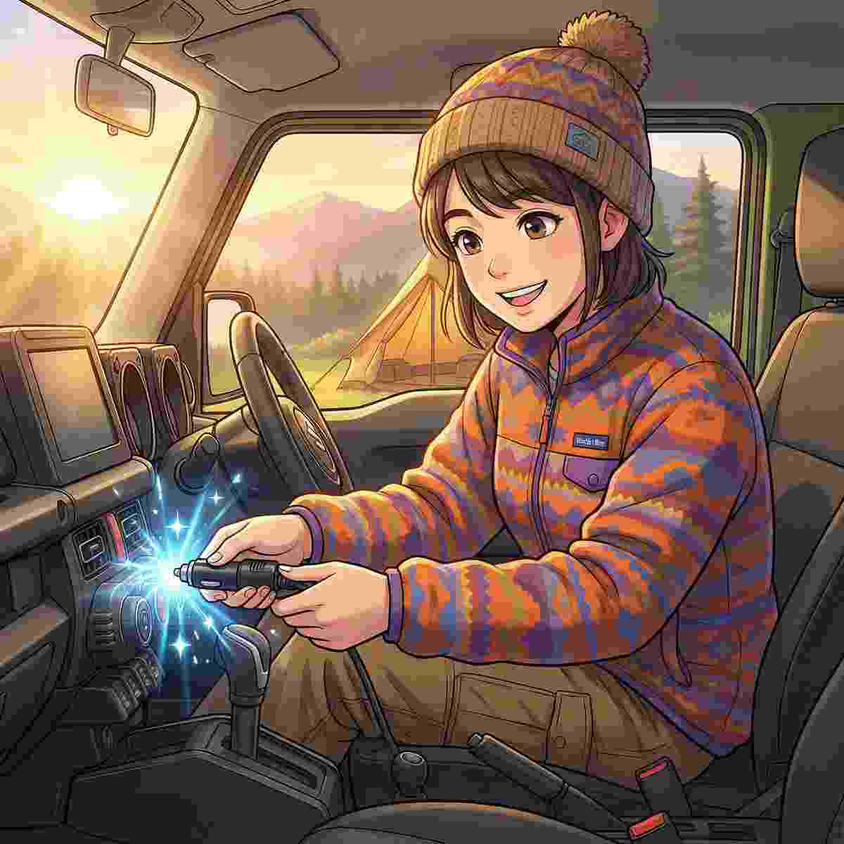 ジムニー車内でシガープラグをソケットに正しく接続するキャンパー女性