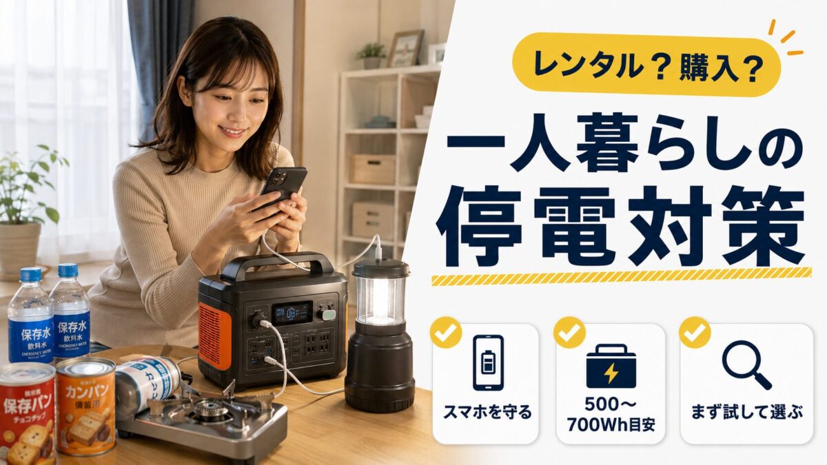 一人暮らしの停電対策としてポータブル電源をレンタルや購入で備えるイメージ
