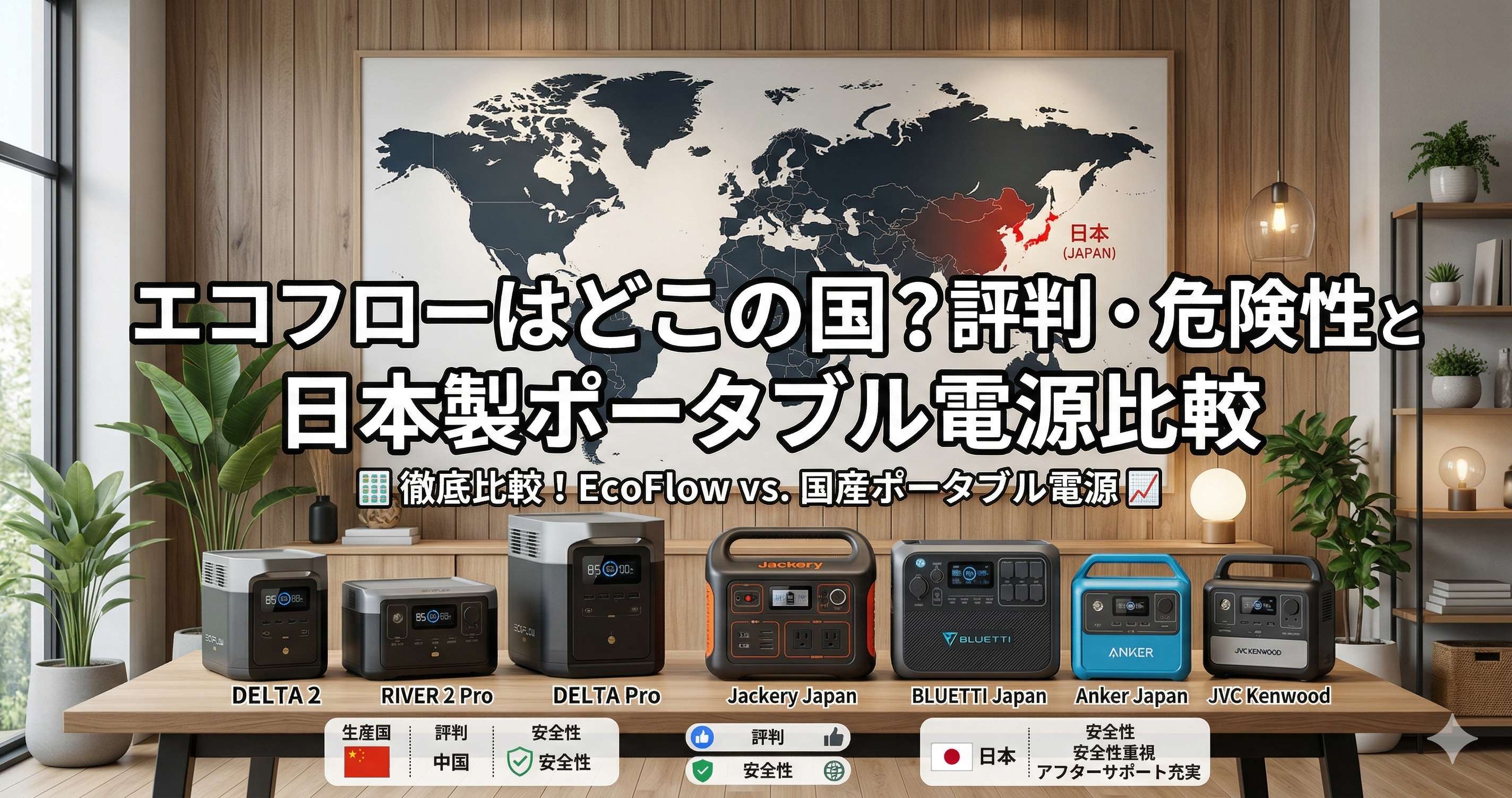 世界地図が背景日本が赤くなっている家庭用蓄電池、ポータブル電源が複数並んでいる