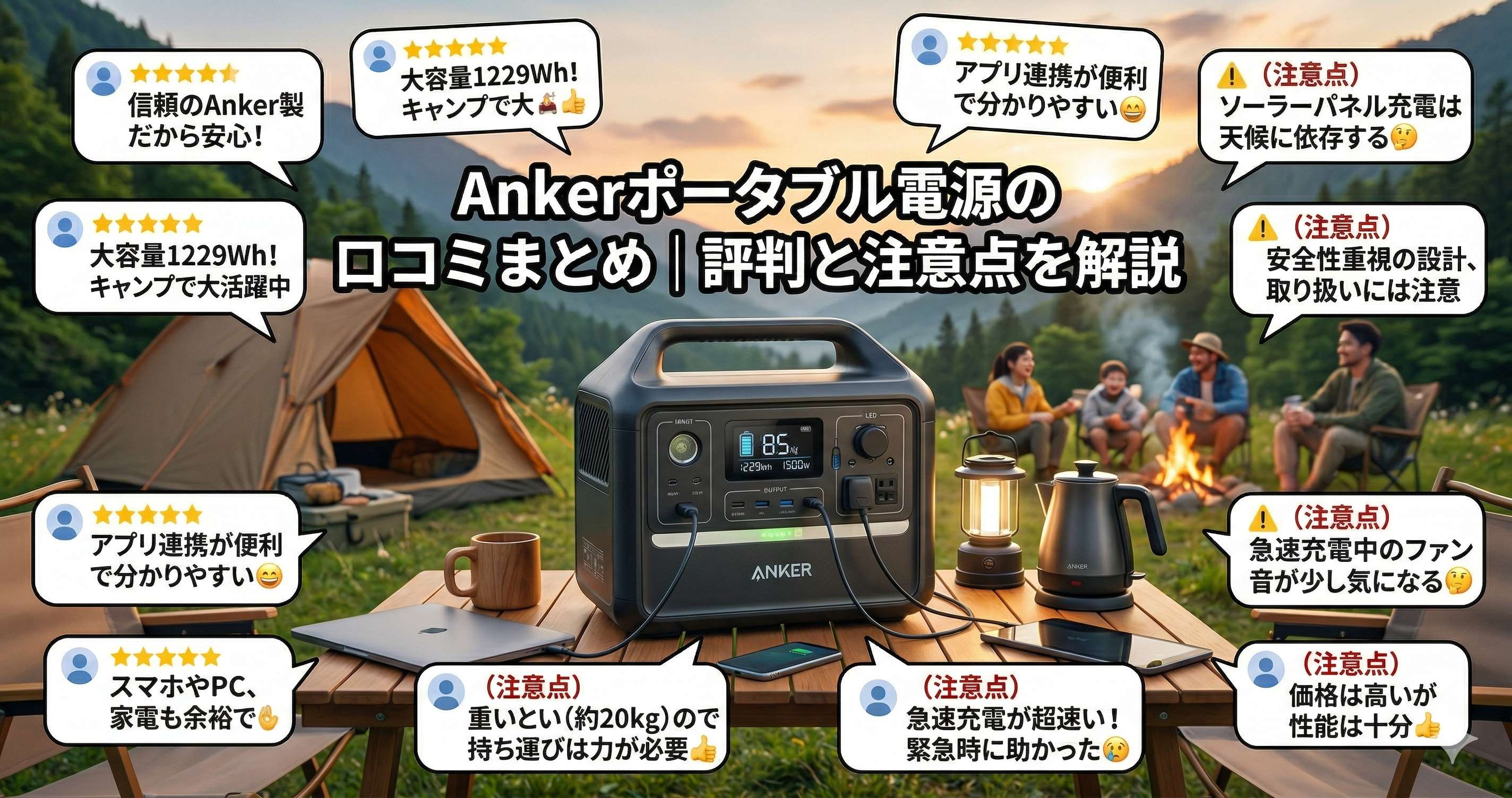 、Ankerポータブル電源が中央に描いてあるその周りに口コミの吹き出し