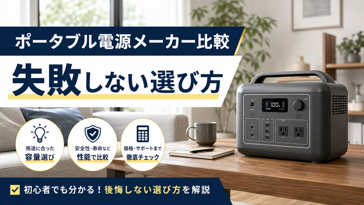 ポータブル電源メーカー比較と失敗しない選び方を表したリビング内のポータブル電源イメージ