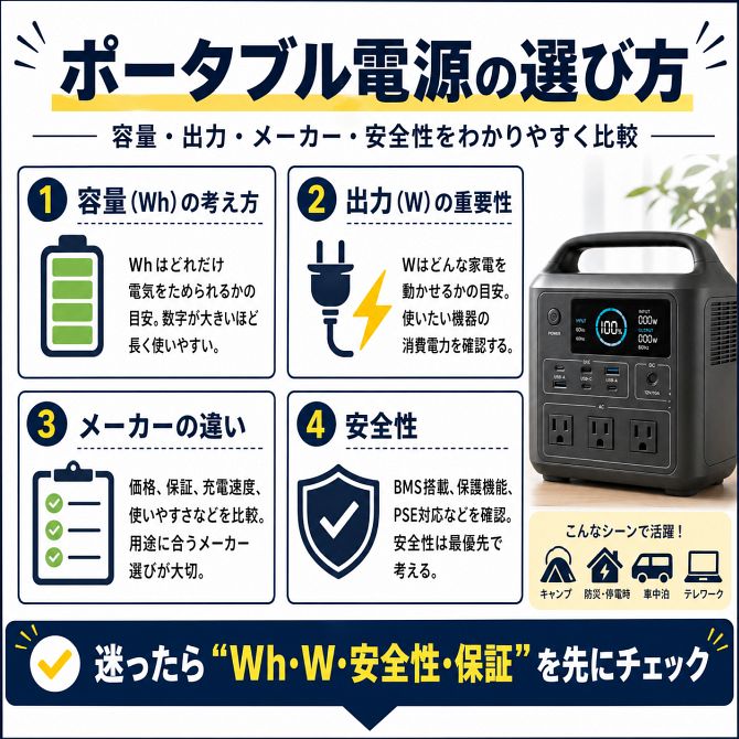ポータブル電源選びで確認したい容量Wh・出力W・メーカー・安全性をまとめた図解