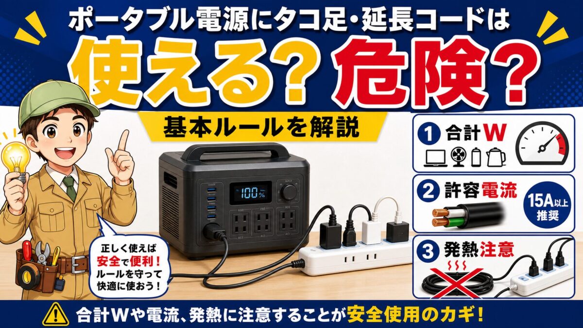 ポータブル電源にタコ足配線や延長コードを使う基本ルールを説明した図解画像