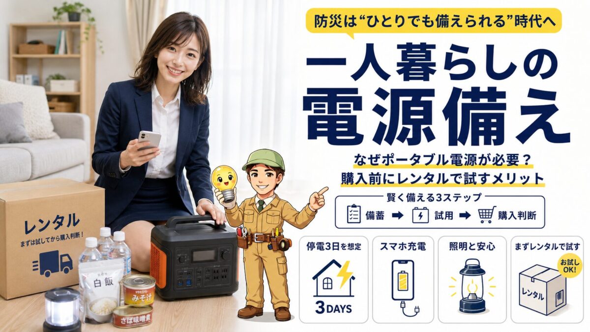 一人暮らしの防災にポータブル電源が役立つ理由とレンタル活用を示す画像