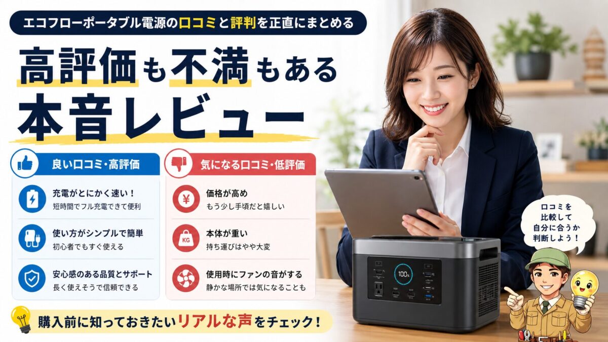 EcoFlowポータブル電源の口コミや評判をポジティブとネガティブ両面から整理しているイメージ