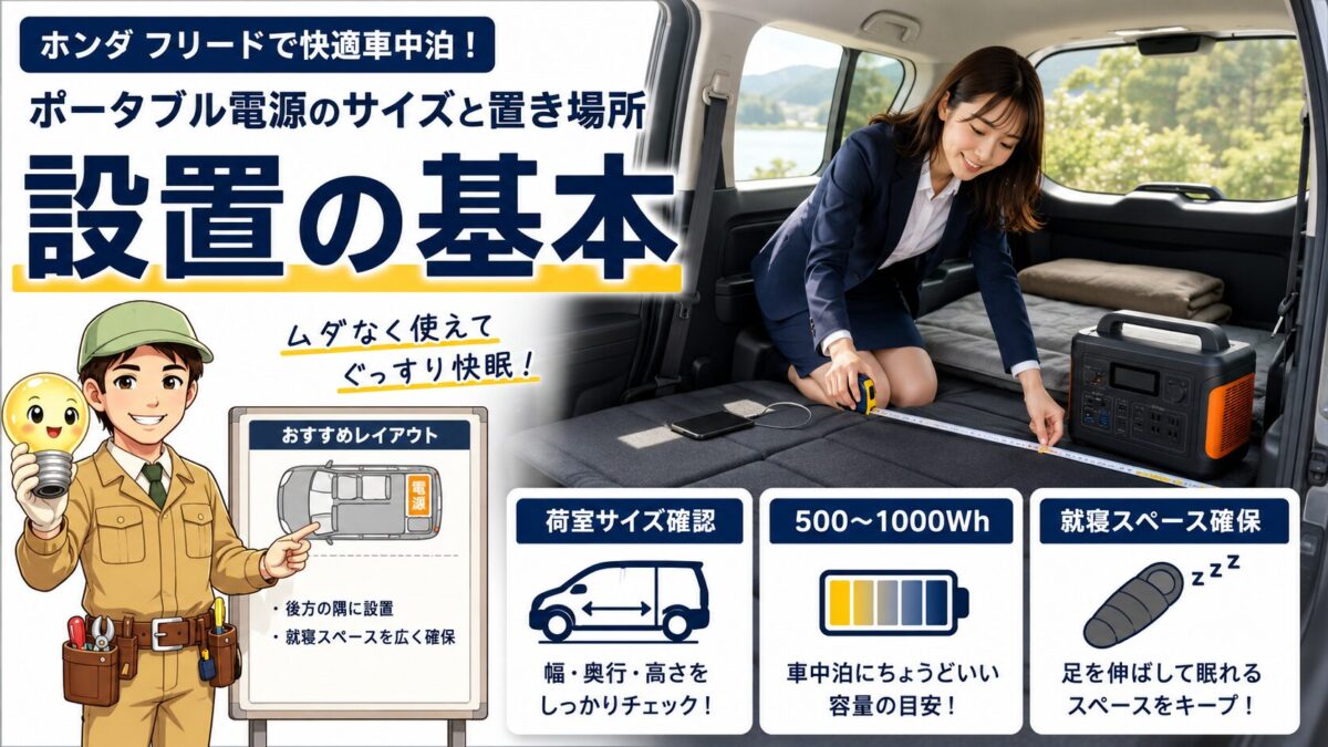 フリード車中泊でポータブル電源を設置する基本を示す画像