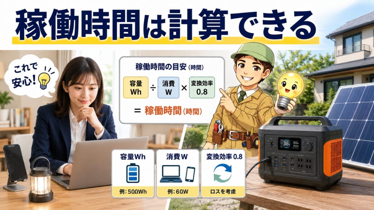 ポータブル電源でノートパソコンの稼働時間を計算する考え方を示す画像
