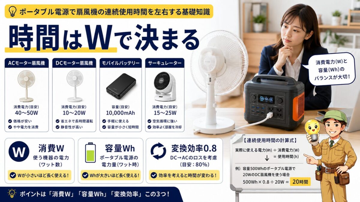 ポータブル電源で扇風機の連続使用時間を左右する基礎要素を示す画像