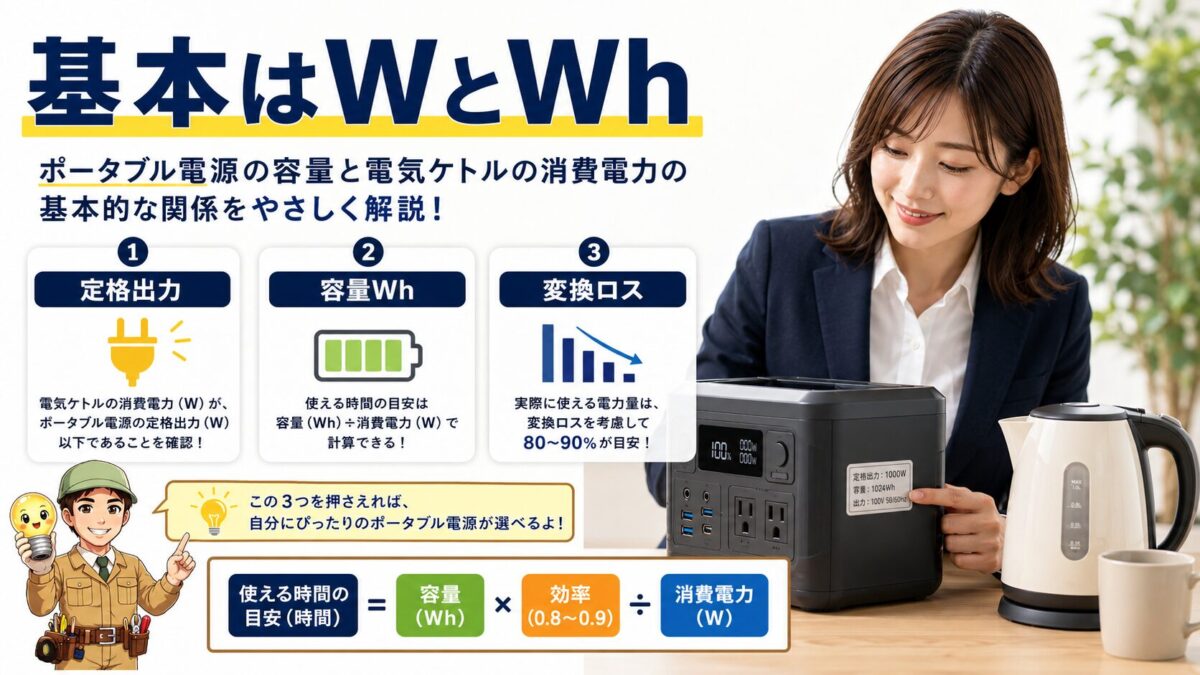 ポータブル電源で電気ケトルを使う前に定格出力と容量を確認する基本知識の画像