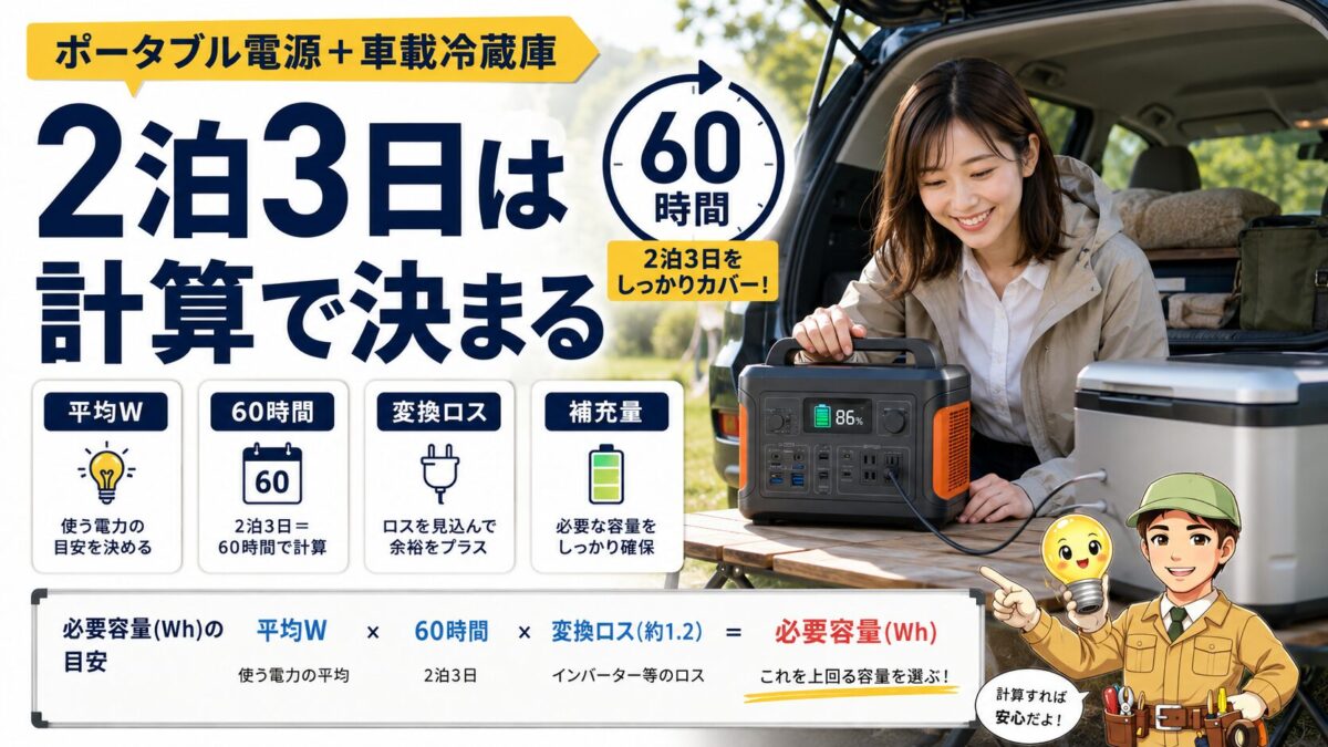車載冷蔵庫を2泊3日動かすためにポータブル電源の必要容量を計算する画像