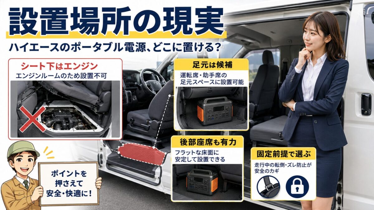 ハイエースのポータブル電源設置場所として助手席下ではなく足元や後部座席下を検討する画像
