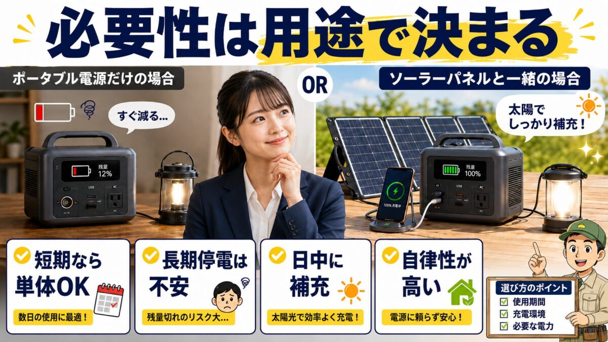 ポータブル電源にソーラーパネルが必要になる理由を比較で示す画像