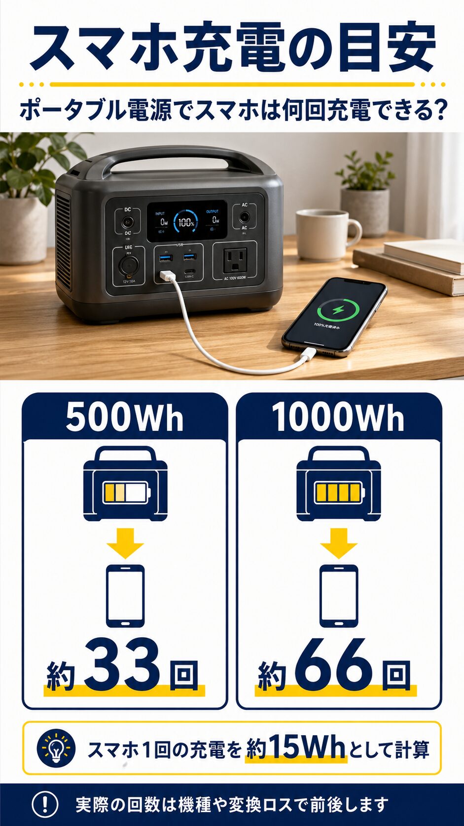 ポータブル電源500Whと1000Whでスマホを充電できる回数を比較したイメージ