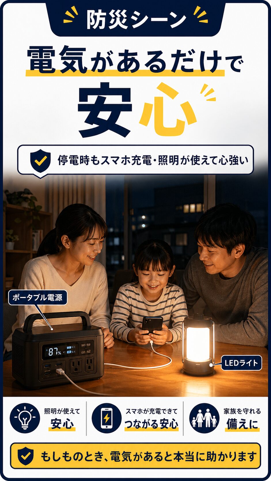 停電時に家族がポータブル電源を使って安心して過ごす防災シーン