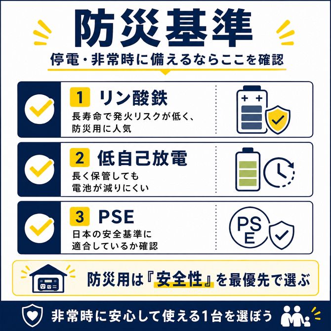 防災用ポータブル電源で確認したいリン酸鉄・低自己放電・PSEをまとめたチェックリスト