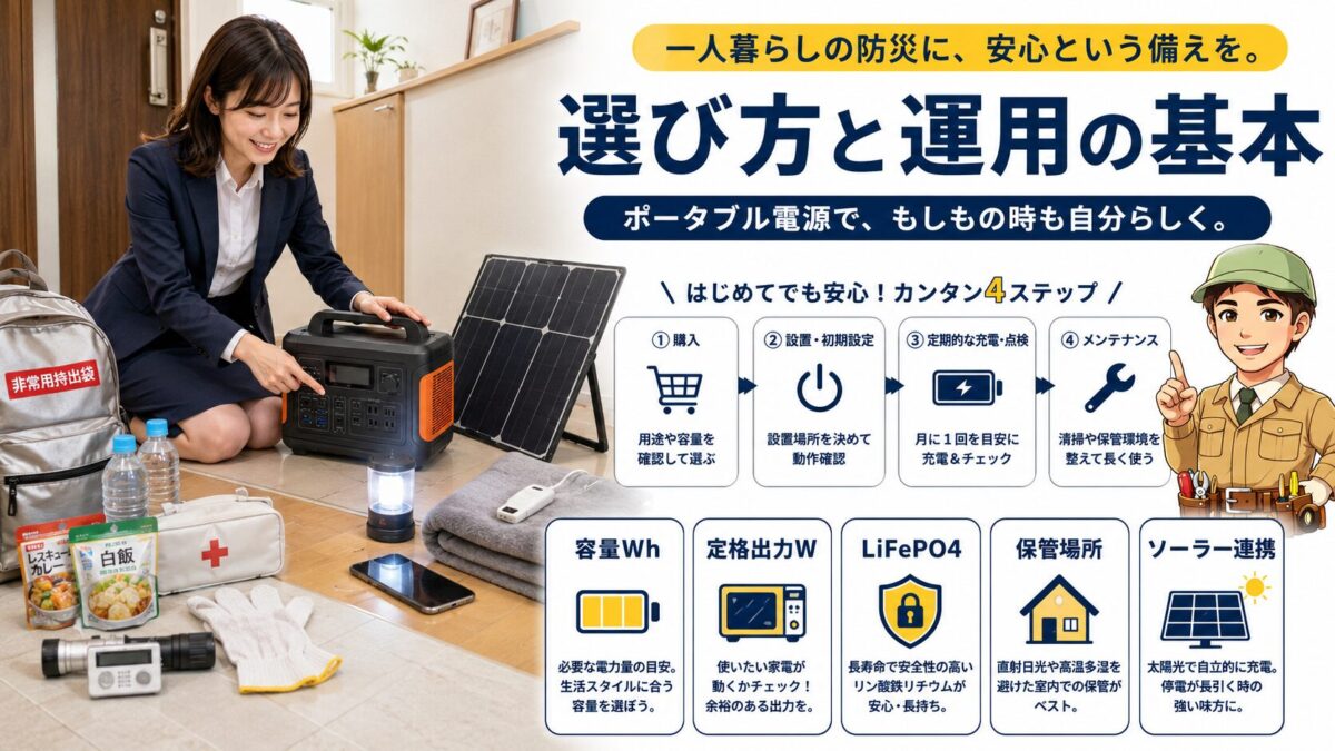 一人暮らし向け防災用ポータブル電源の選び方と運用ポイントを示す画像