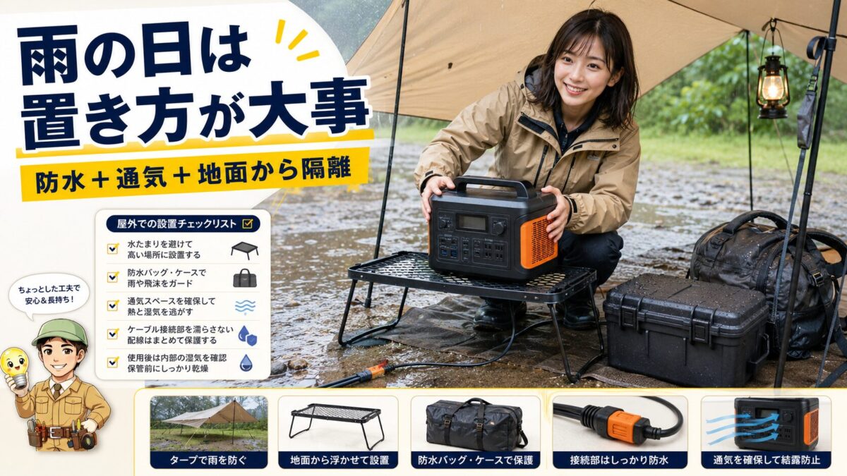 雨のキャンプでポータブル電源をタープ下に置き防水ケースやラックで守る実践的な対策