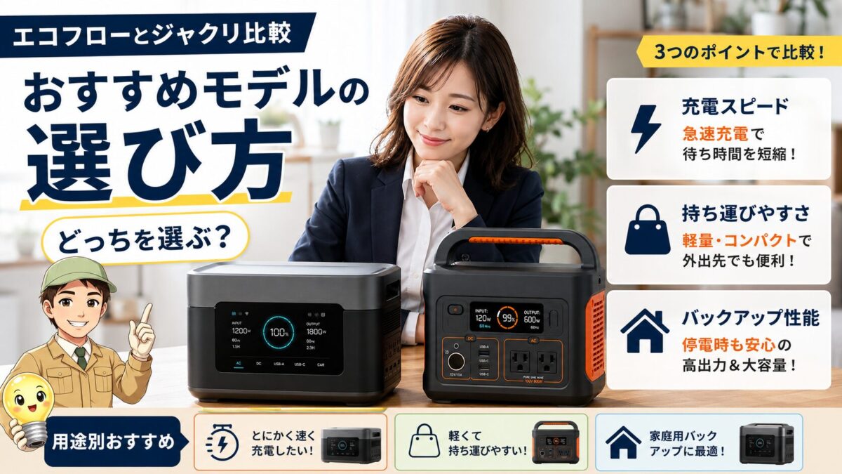 EcoFlowとJackeryの特徴や用途別の違いを比較しているブログ記事用画像