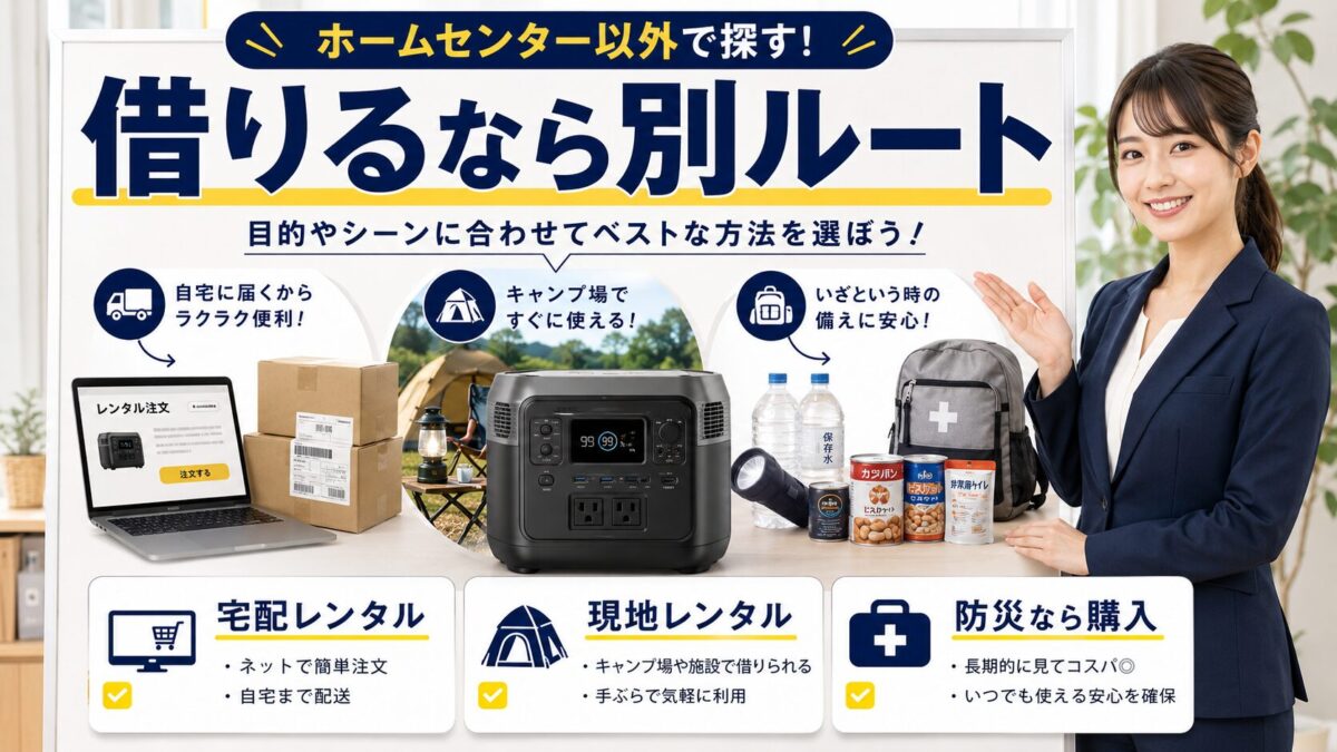 ホームセンター以外でポータブル電源をレンタルする方法を比較した画像