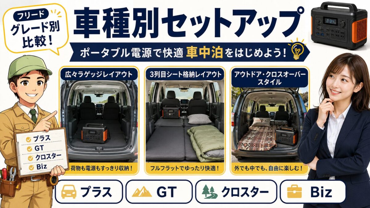 フリードの車種別にポータブル電源の設置方法を比較する画像