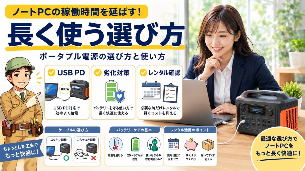 ノートパソコンの稼働時間を延ばすポータブル電源の選び方と使い方を示す画像