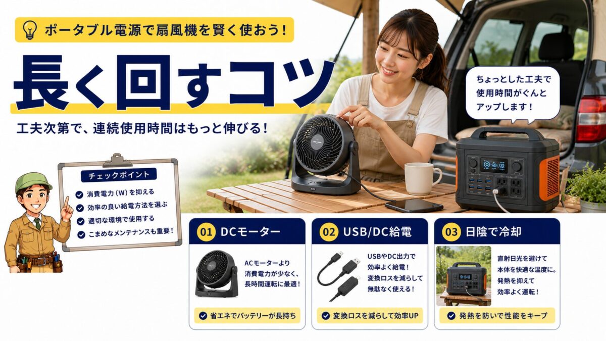 ポータブル電源で扇風機の連続使用時間を伸ばす方法を示す画像