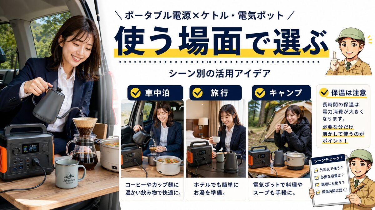 旅行や車中泊やキャンプでポータブル電源と電気ケトルを使い分ける場面別活用画像