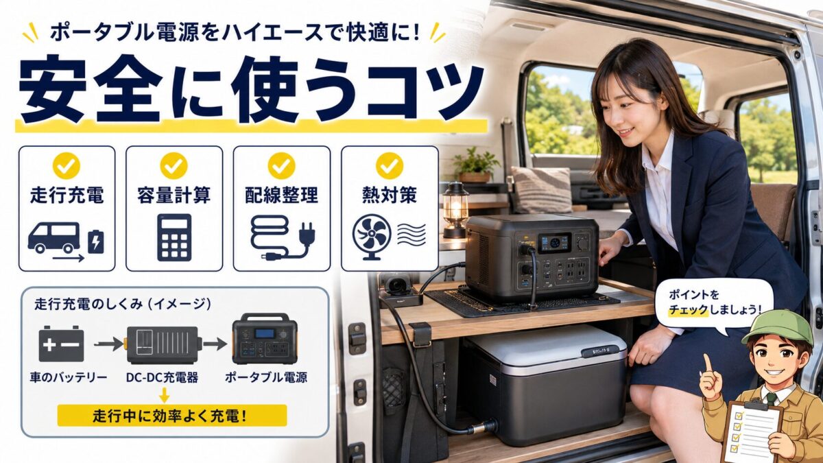 ハイエースでポータブル電源を安全に使うための走行充電や配線整理や熱対策を示す画像