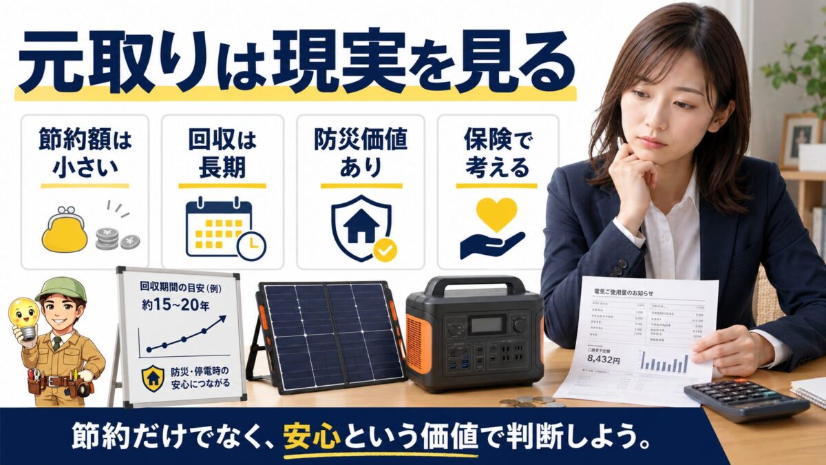 ポータブル電源とソーラーパネルで元を取れるかを節約額と防災価値で示す画像