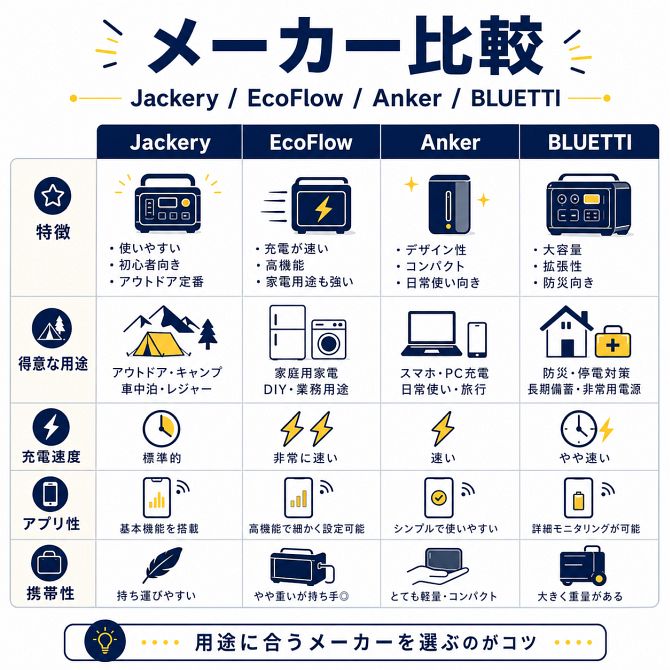 Jackery・EcoFlow・Anker・BLUETTIのポータブル電源メーカーを比較した図解