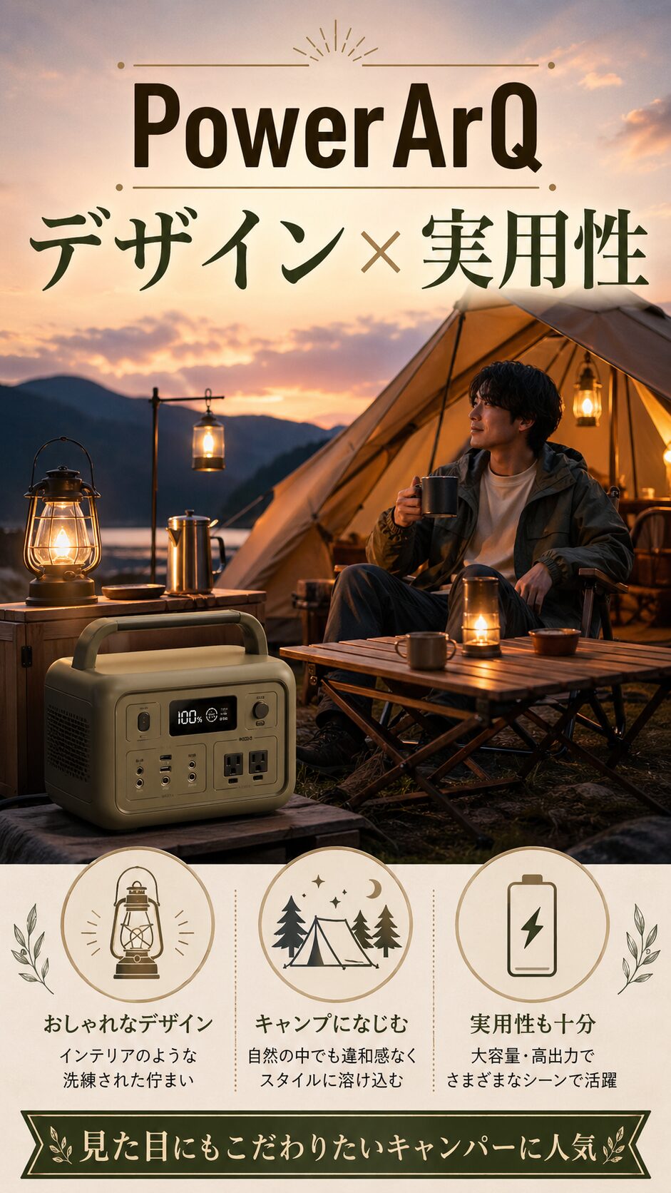 デザイン性と実用性を両立したPowerArQのポータブル電源を使うキャンプイメージ