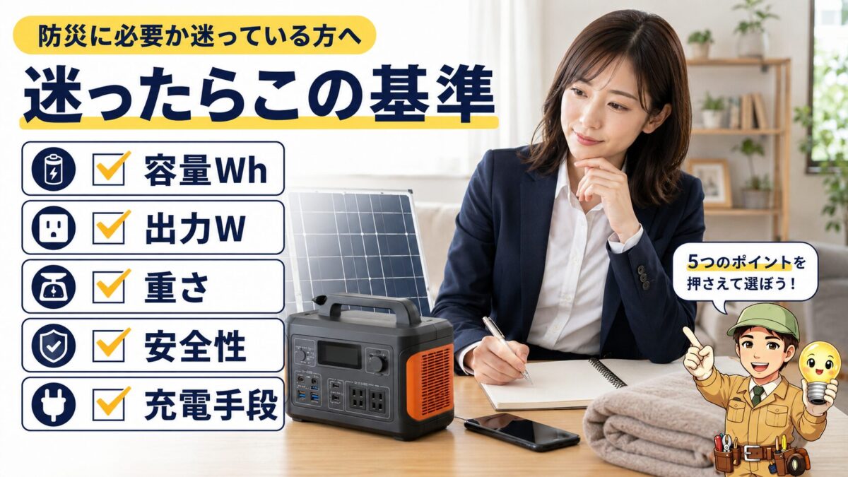 防災用ポータブル電源を選ぶときの基準を一覧で示した画像